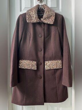 Colleen Lopez Faux Wool Beaded Collar Brown Coat – XS